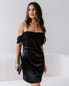 Midnight Belle Satin Off The Shoulder Mini Dress sold by Vici
