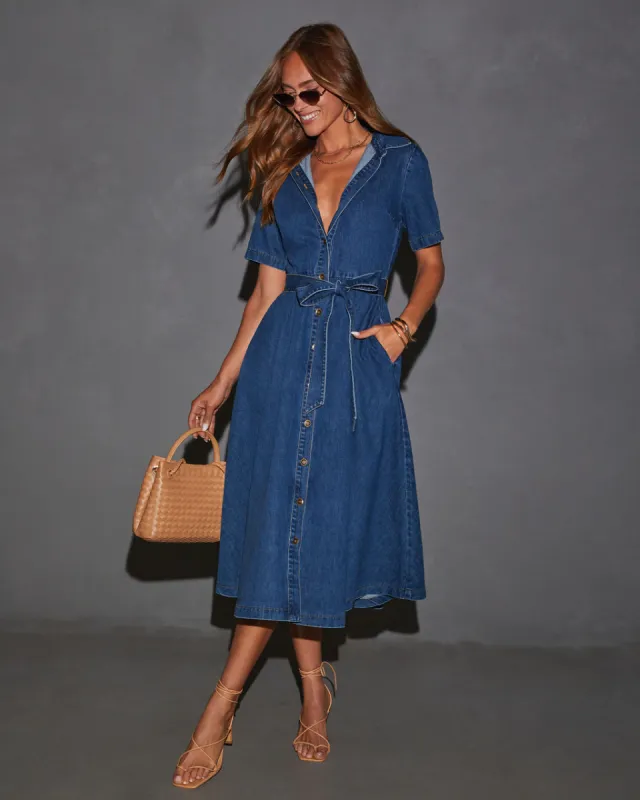Caddie Denim Tie Waist Midi Dress sold by Vici