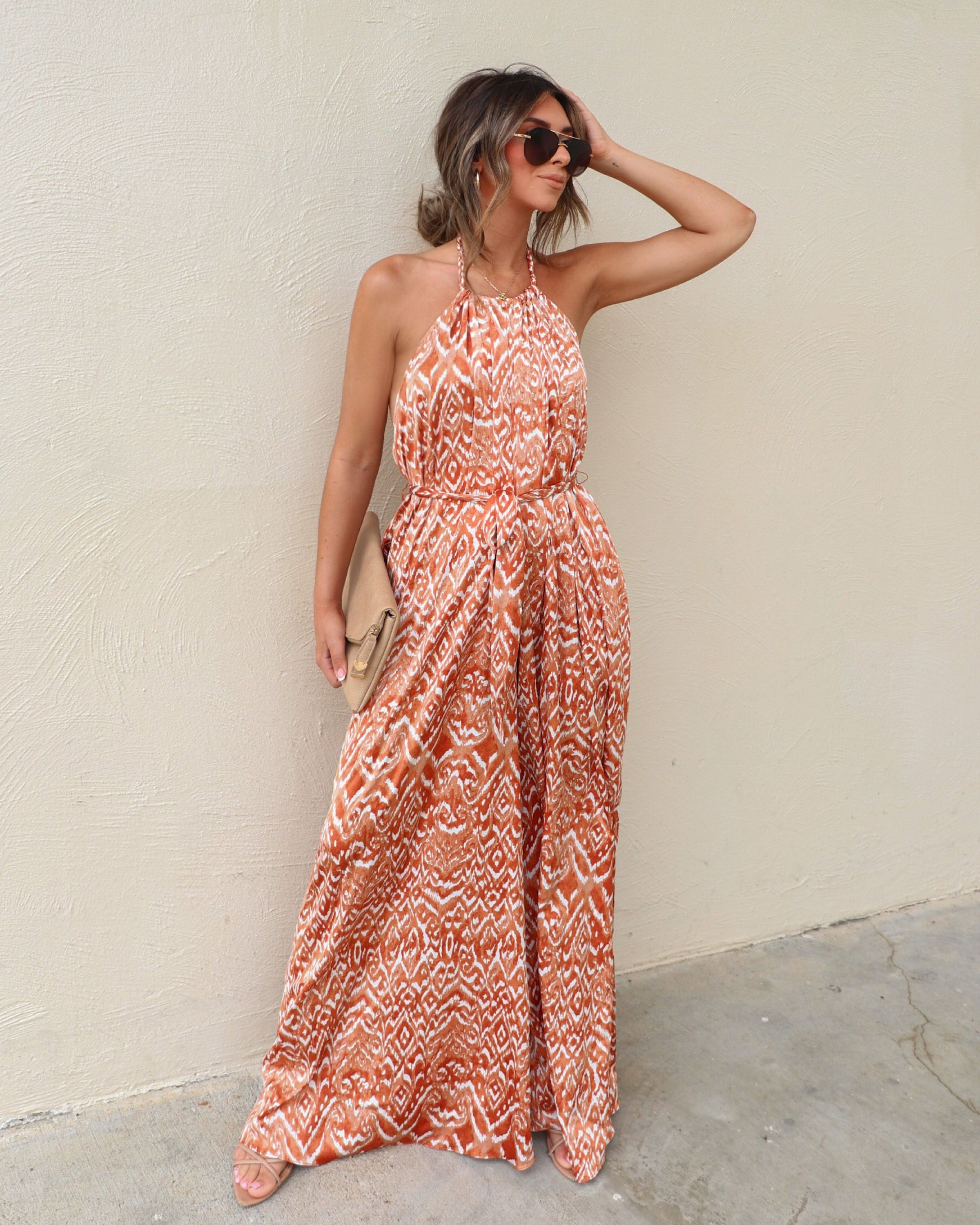 Swinton Printed Satin Halter Jumpsuit - Orange/White sold by Vici product image thumbnail 6