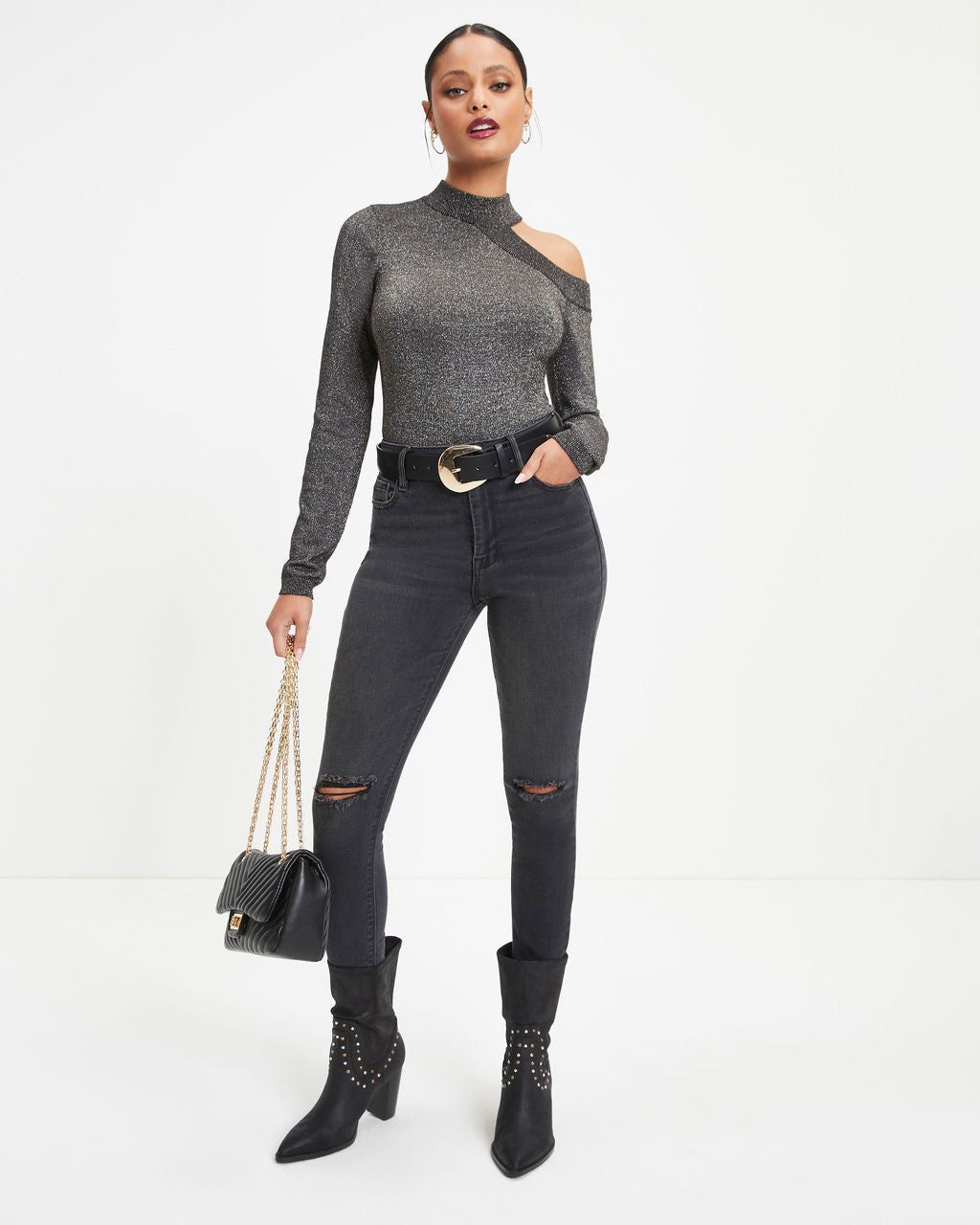 Stronger Than You Knit Metallic Cutout Bodysuit sold by Vici