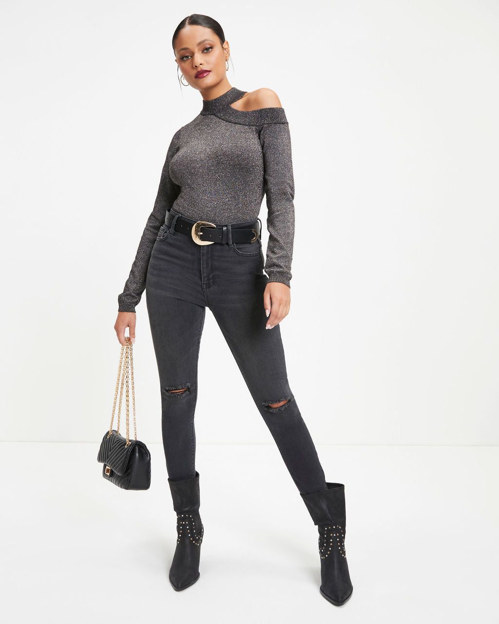 Stronger Than You Knit Metallic Cutout Bodysuit sold by Vici product image thumbnail 3