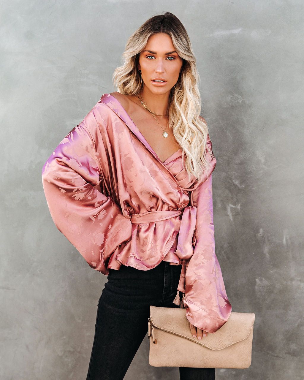 Arlow Satin Embossed Wrap Blouse - Rose - FINAL SALE sold by Vici product image thumbnail 3
