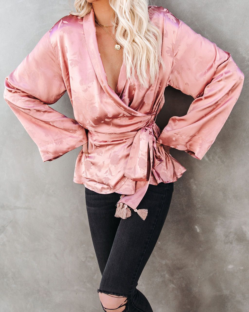 Arlow Satin Embossed Wrap Blouse - Rose - FINAL SALE sold by Vici product image thumbnail 5