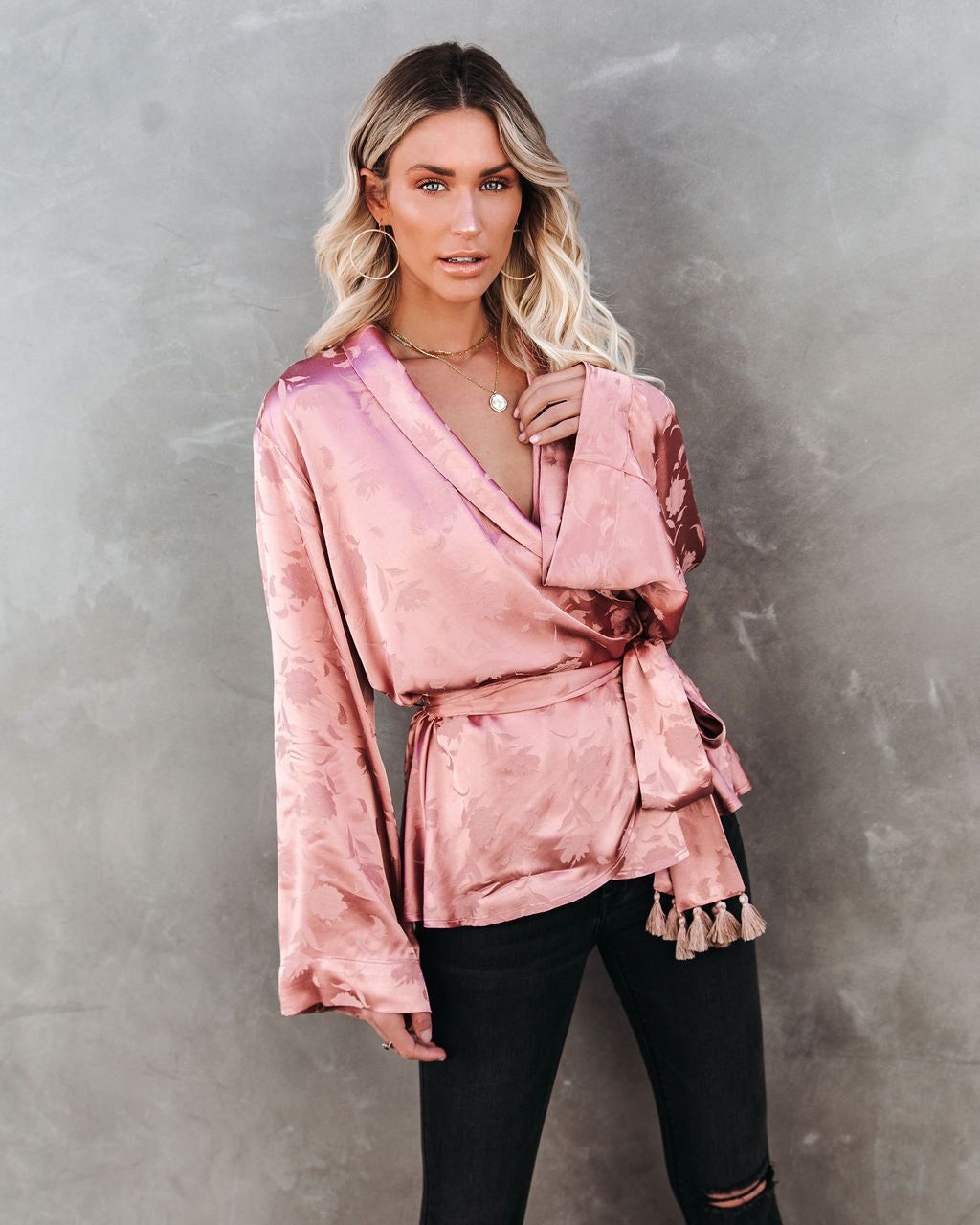 Arlow Satin Embossed Wrap Blouse - Rose - FINAL SALE sold by Vici