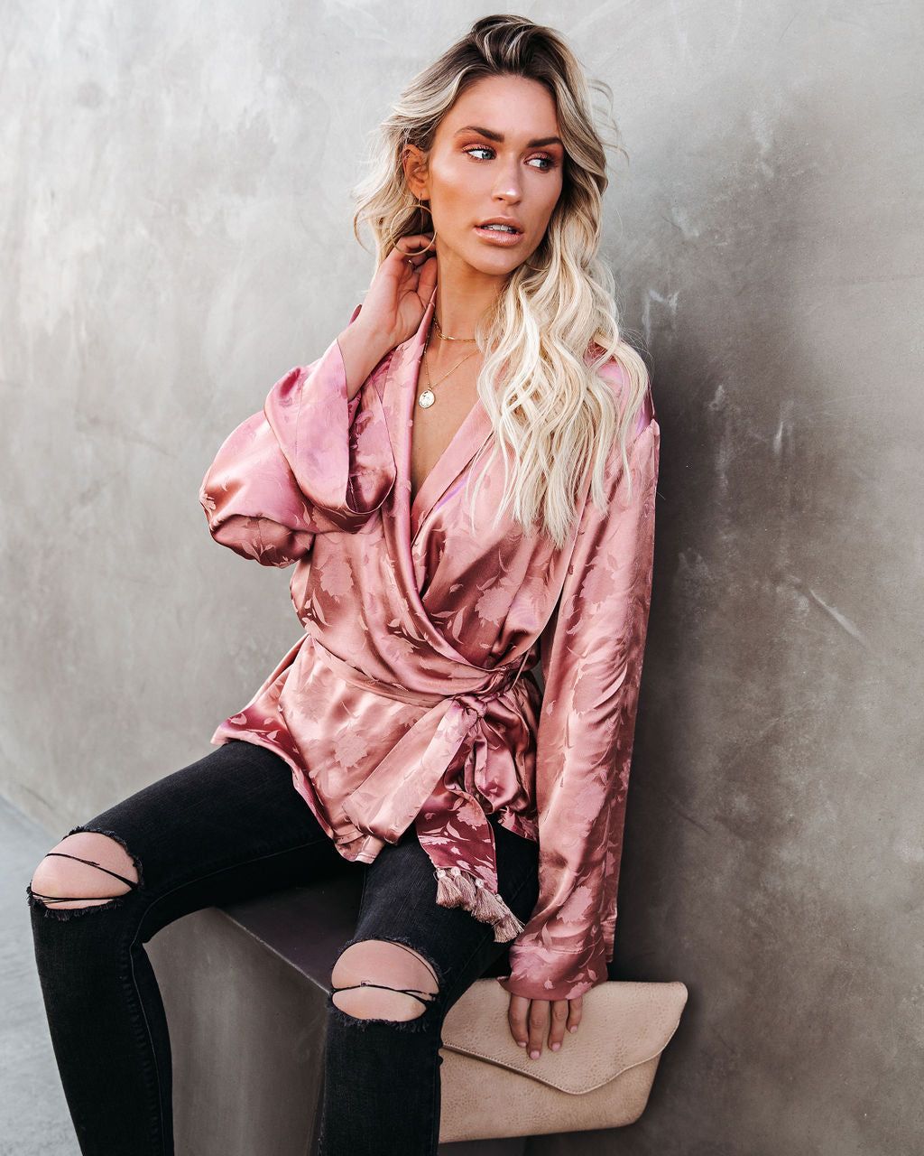 Arlow Satin Embossed Wrap Blouse - Rose - FINAL SALE sold by Vici product image thumbnail 7
