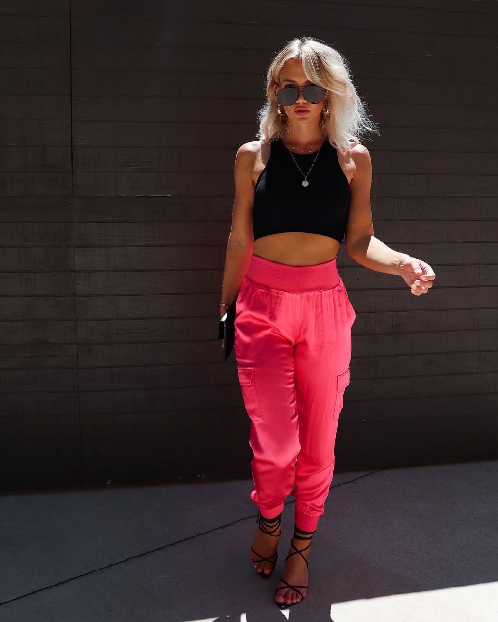 Style File Satin Cargo Joggers - Fuchsia sold by Vici