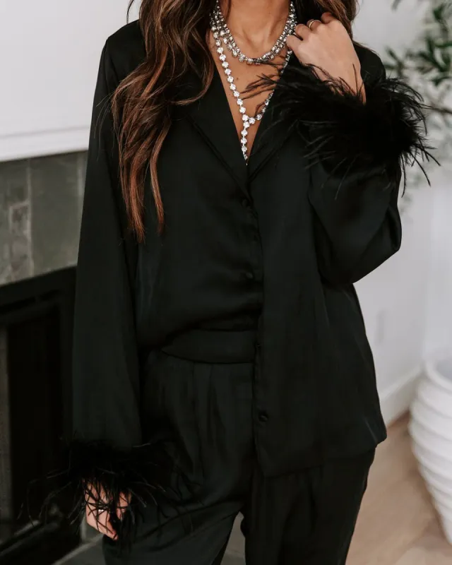 Marilynn Satin Feather Trim Button Down Top - Black sold by Vici