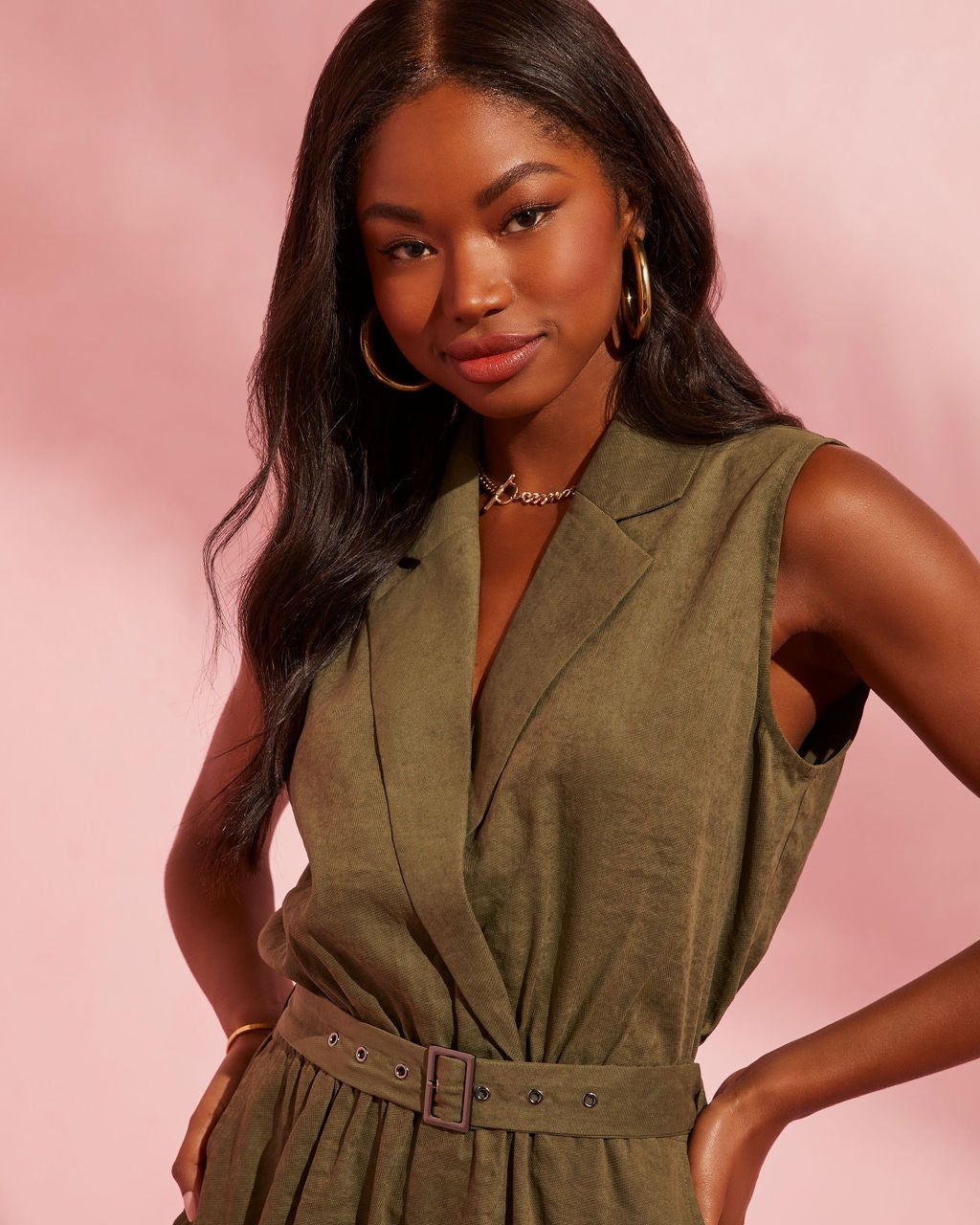 Esparza Sleeveless Belted Romper - Olive Green - FINAL SALE sold by Vici product image thumbnail 3