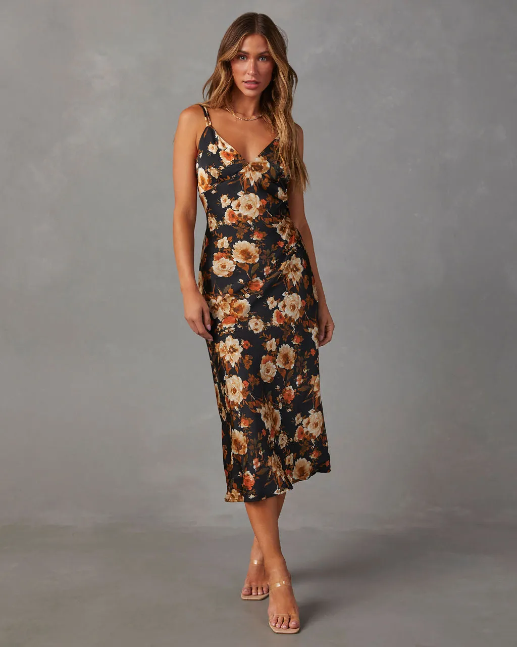 Sweet Sunflower Satin Floral Midi Dress sold by Vici