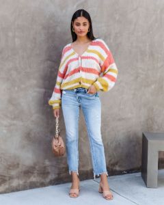 Blissful Day Stripe Button Front Cardigan sold by Vici