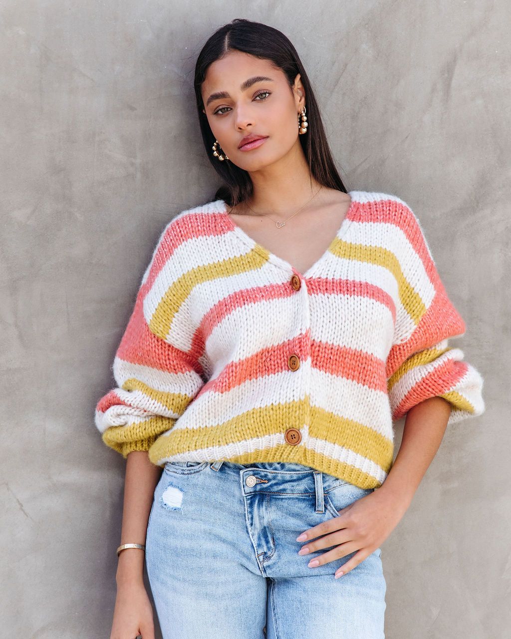 Blissful Day Stripe Button Front Cardigan sold by Vici