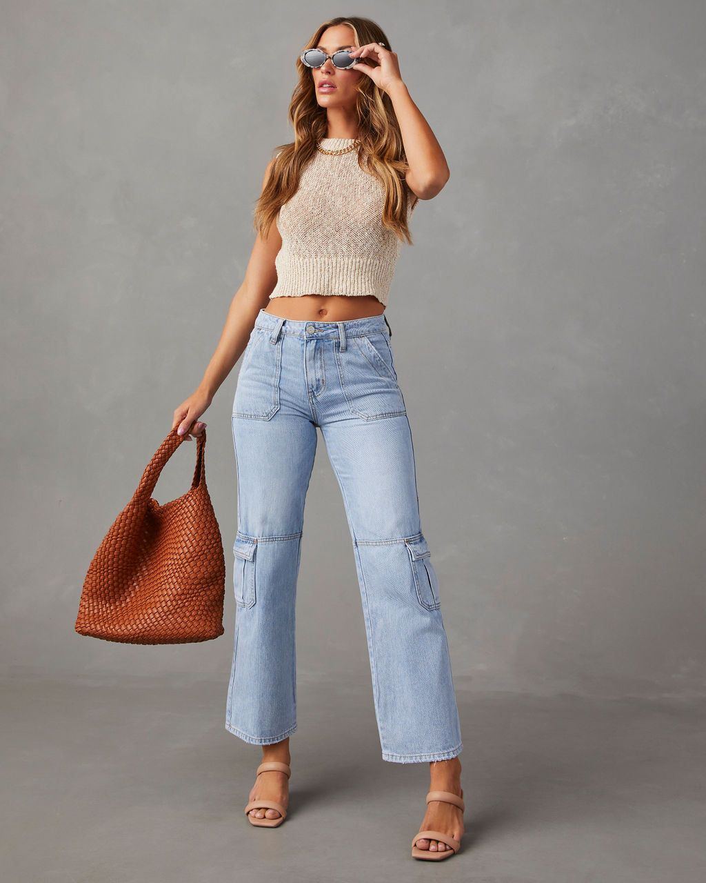 Kacy Mid Rise Utility Cargo Jeans - Light Wash - SALE sold by Vici product image thumbnail 5