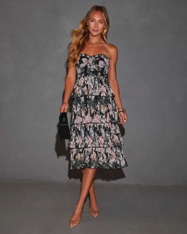 Addie Floral Strapless Tiered Midi Dress sold by Vici