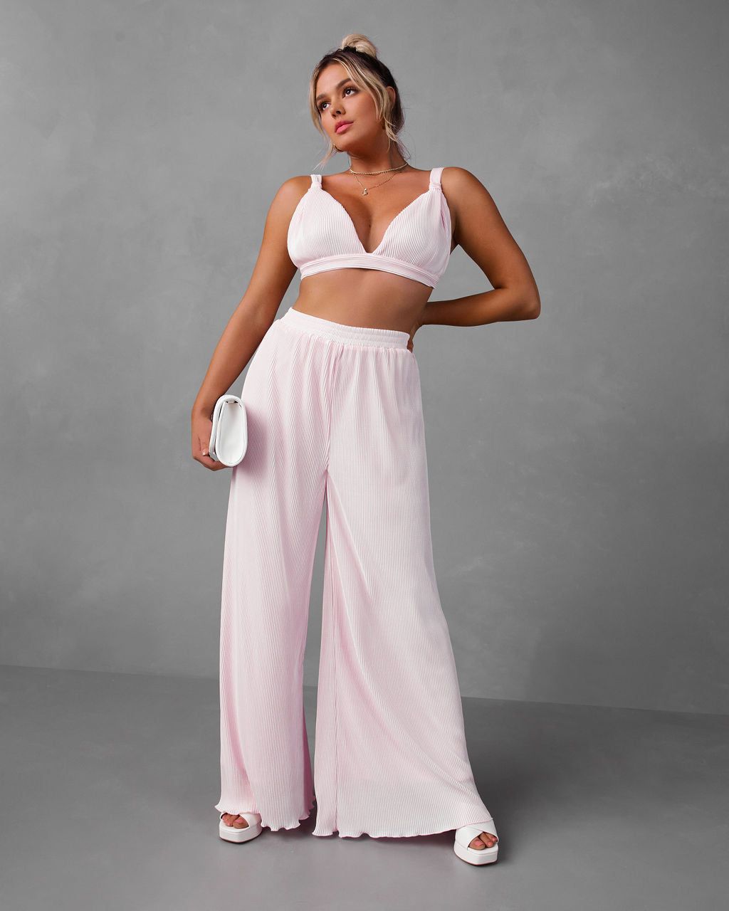 Cotton Candy Plisse Wide Leg Pants sold by Vici