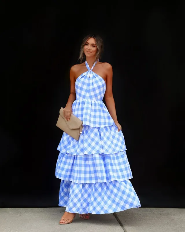 Dorotea Gingham Tiered Halter Maxi Dress - Blue/White - LAST CHANCE sold by Vici