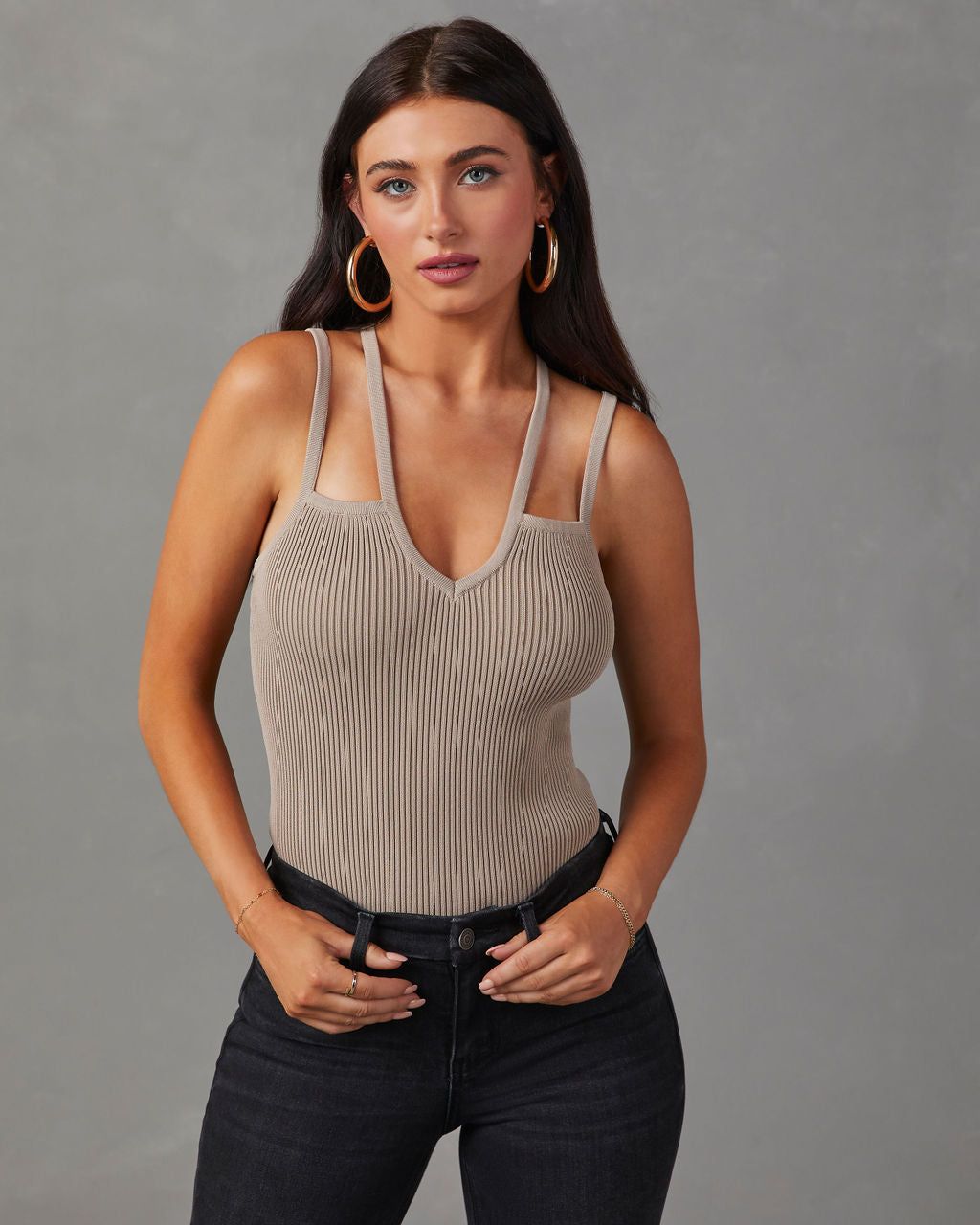 Pacheco Strappy Ribbed Tank - Taupe sold by Vici