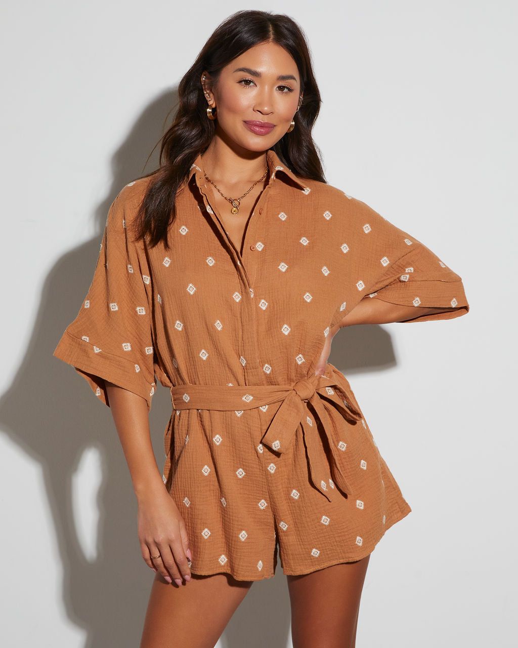 Fallon Collared Tie Waist Romper sold by Vici