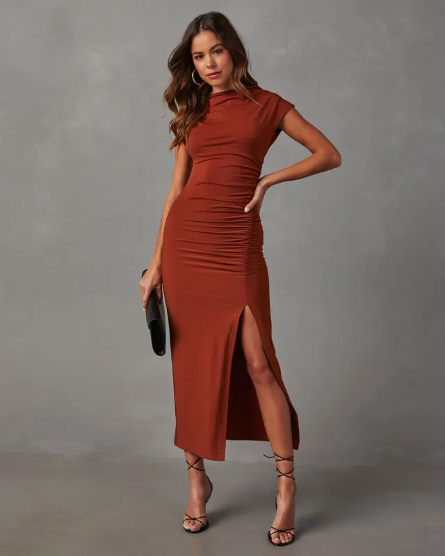 Elisabeth Mock Neck Side Slit Ruched Midi Dress sold by Vici