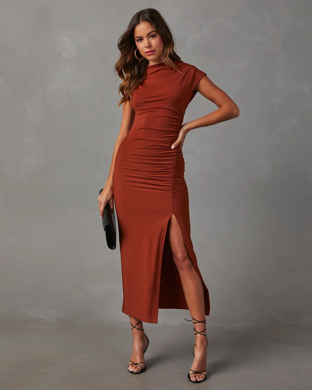 Elisabeth Mock Neck Side Slit Ruched Midi Dress sold by Vici