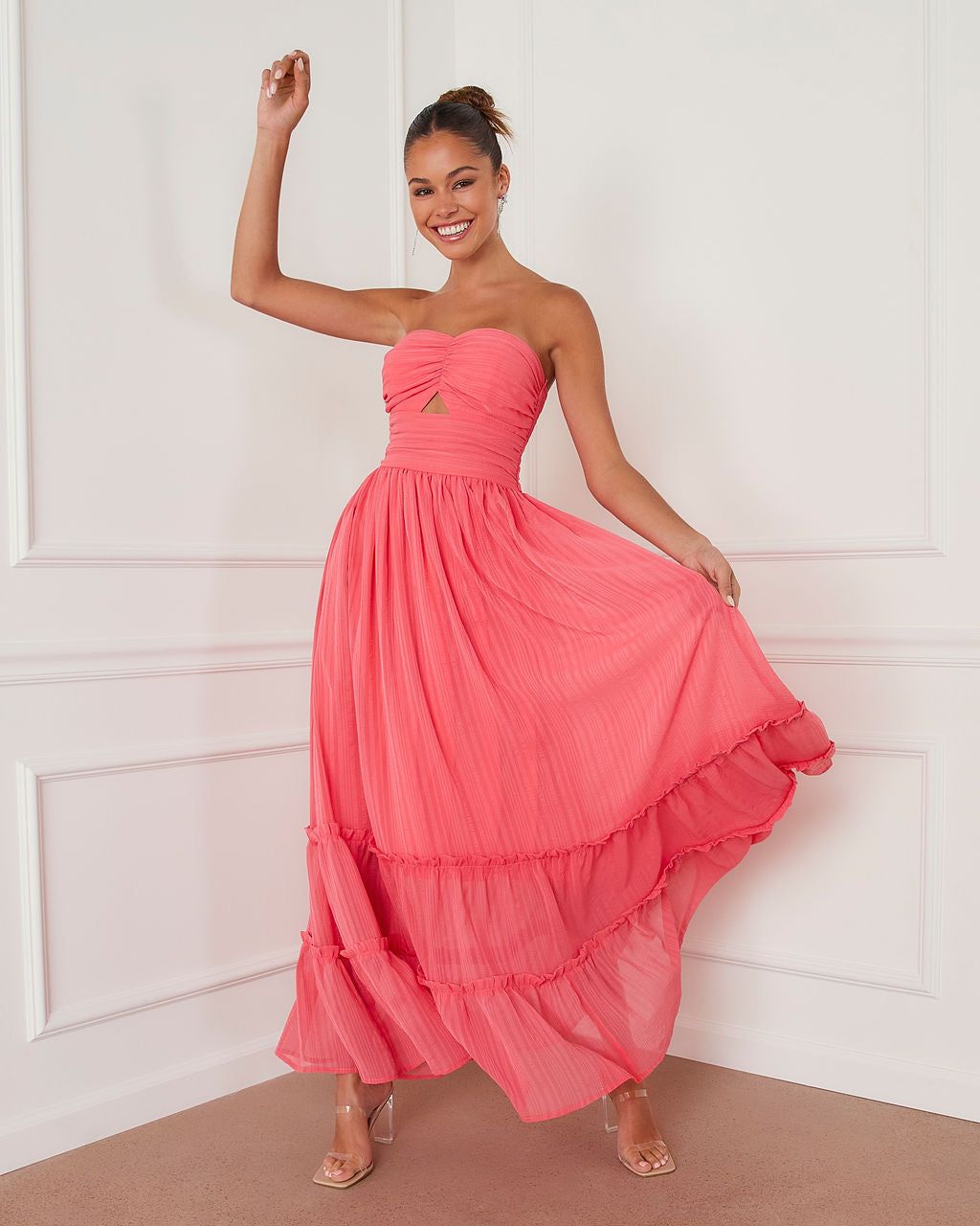 Celestia Strapless Tiered Maxi Dress - Coral - FINAL SALE sold by Vici product image thumbnail 5