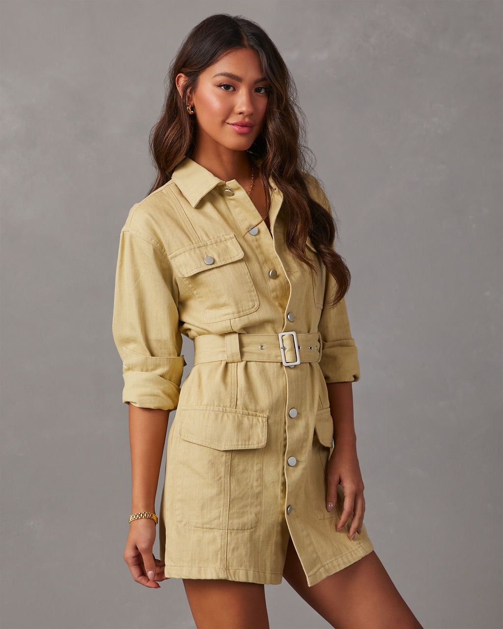Make It Known Denim Collared Mini Dress - Sand sold by Vici product image thumbnail 3