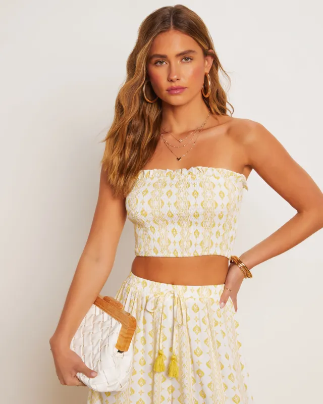 Maureen Printed Smocked Strapless Crop Top sold by Vici