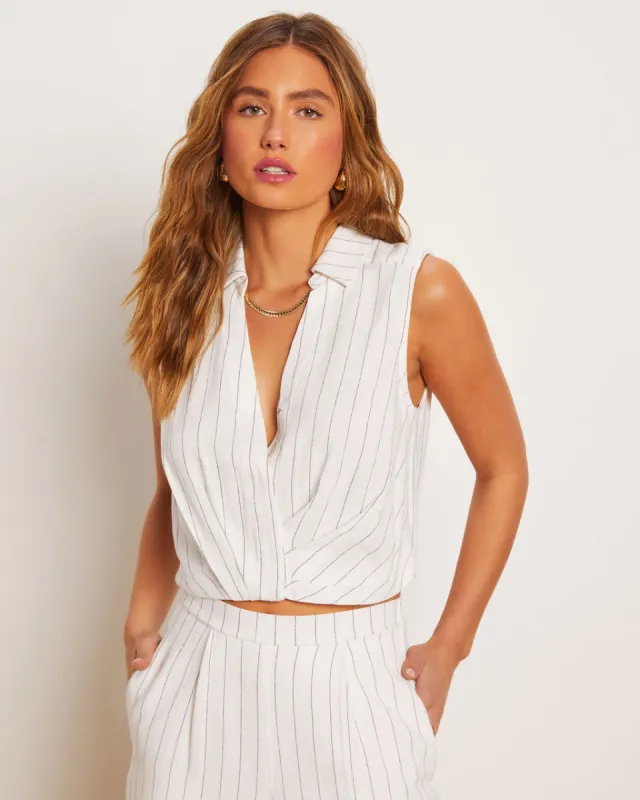 Tanya Pinstripe Linen Blend Wrap Front Top sold by Vici