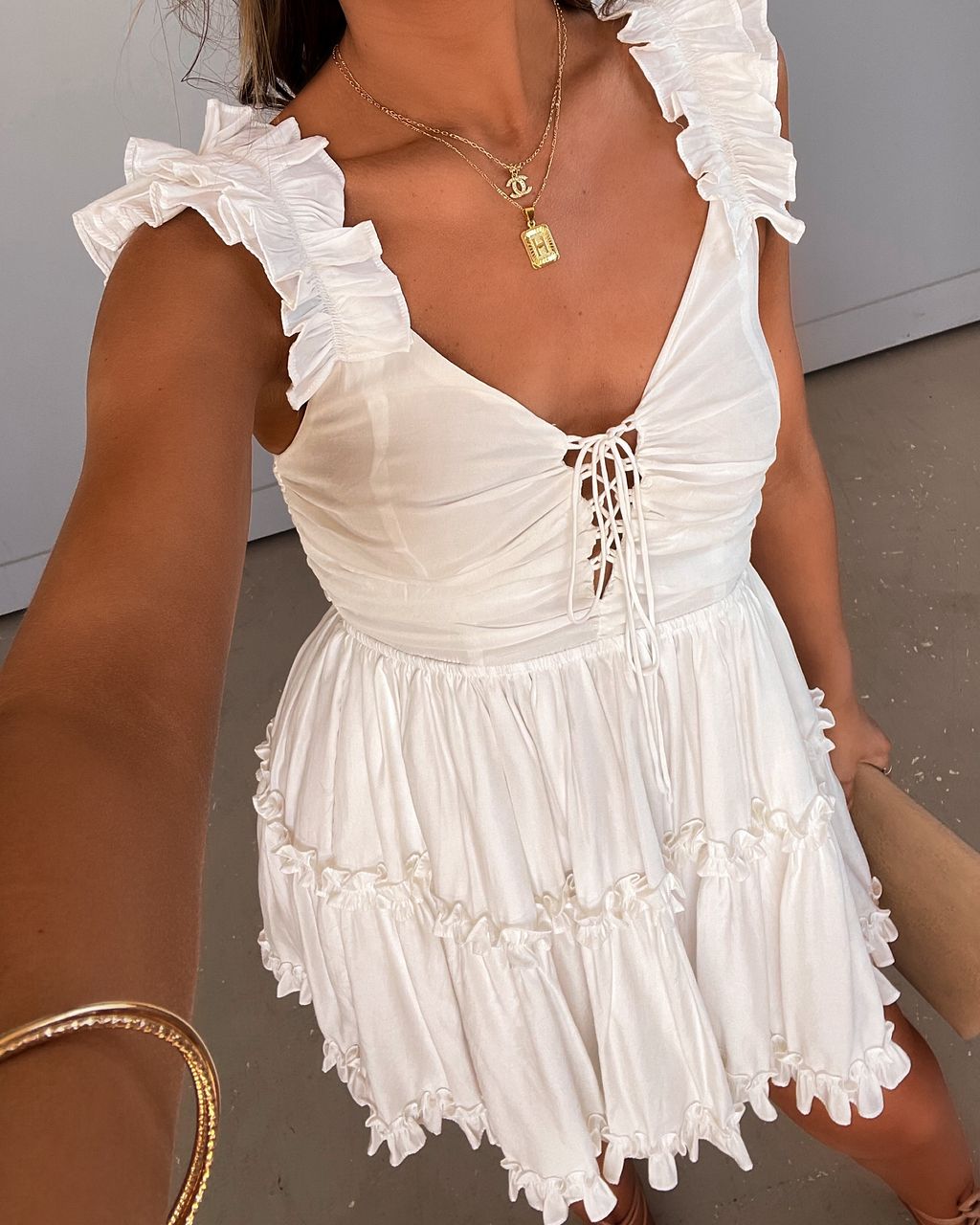 Tiffany Lace Up Tiered Pocketed Mini Dress sold by Vici product image thumbnail 3