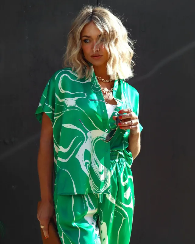 Tropical Paradise Satin Printed Button Down Top - Green - FINAL SALE sold by Vici