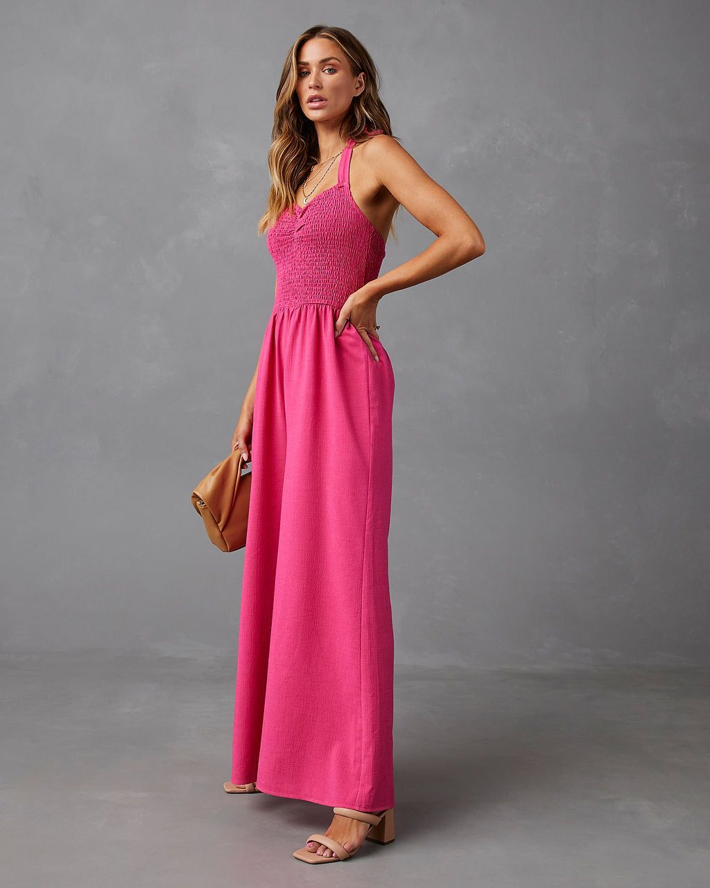 Dovie Smocked Halter Jumpsuit - Pink - FINAL SALE sold by Vici product image thumbnail 5