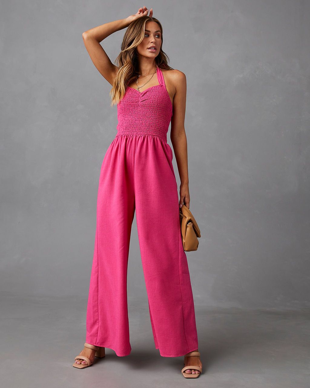 Dovie Smocked Halter Jumpsuit - Pink - FINAL SALE sold by Vici
