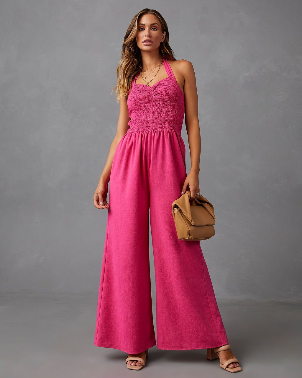 Dovie Smocked Halter Jumpsuit - Pink - FINAL SALE sold by Vici product image thumbnail 7