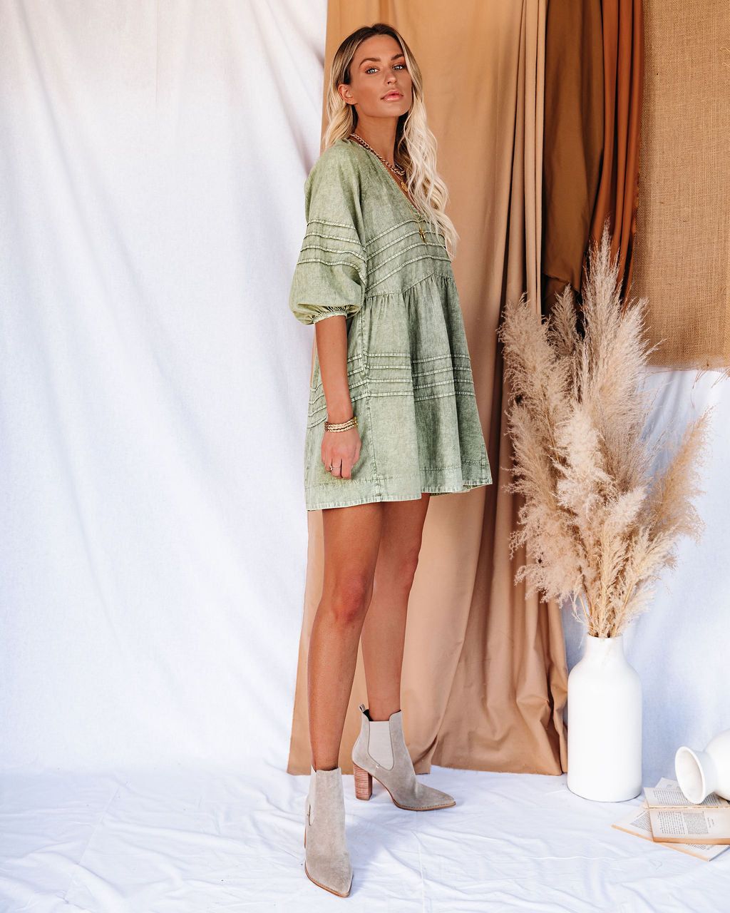 Irvine Cotton Pocketed Denim Babydoll Dress - Washed Olive - SALE sold by Vici product image thumbnail 9