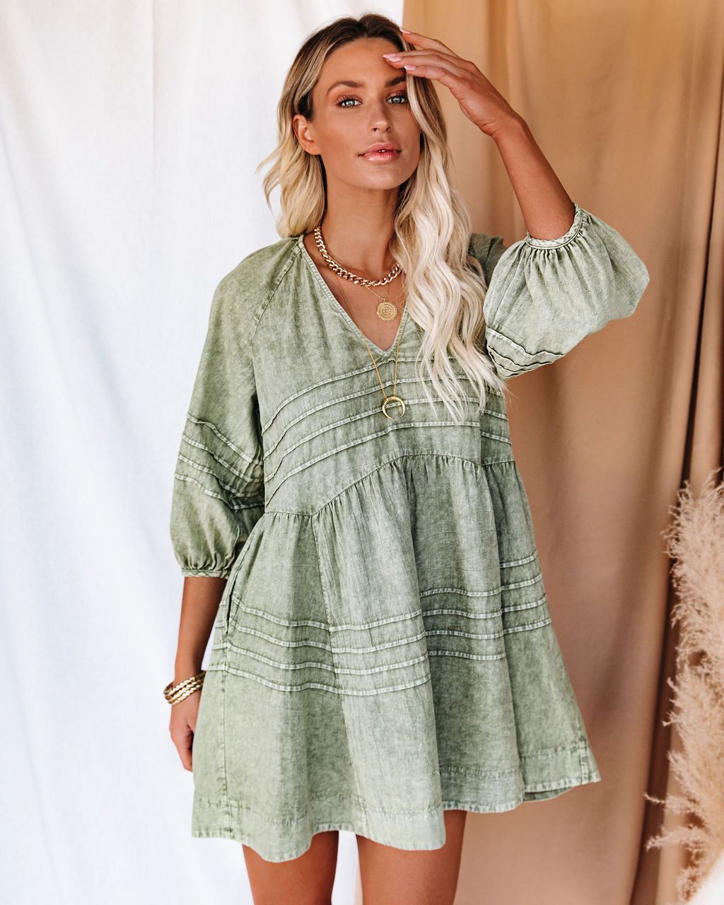 Irvine Cotton Pocketed Denim Babydoll Dress - Washed Olive - SALE sold by Vici product image thumbnail 6