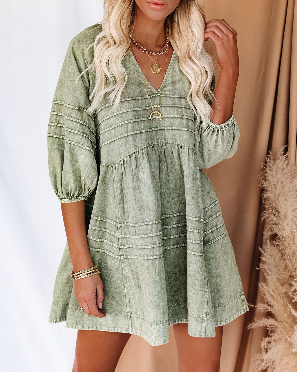 Irvine Cotton Pocketed Denim Babydoll Dress - Washed Olive - SALE sold by Vici