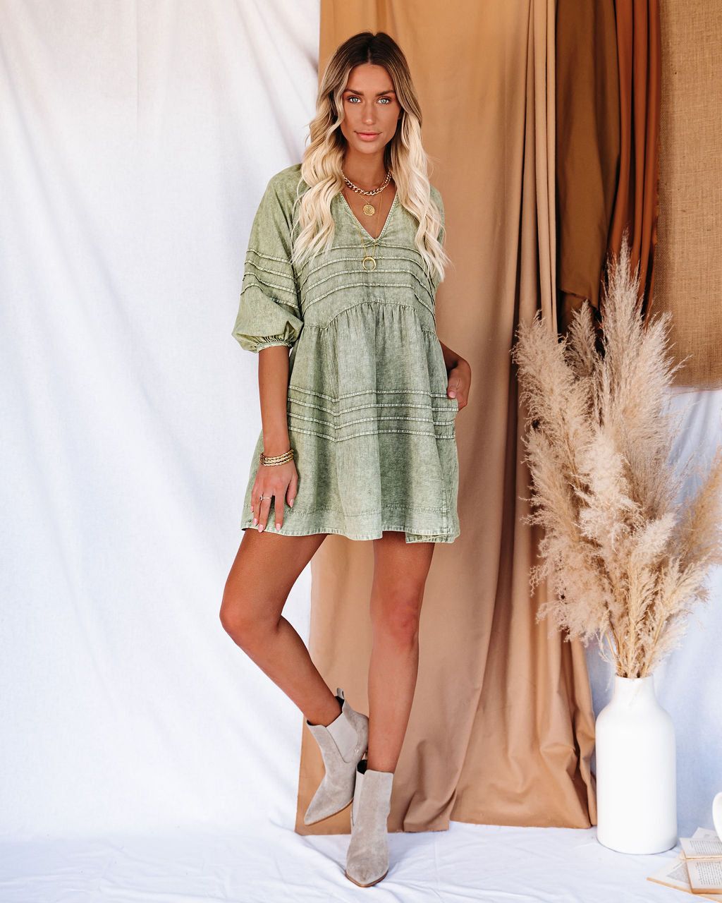 Irvine Cotton Pocketed Denim Babydoll Dress - Washed Olive - SALE sold by Vici product image thumbnail 7