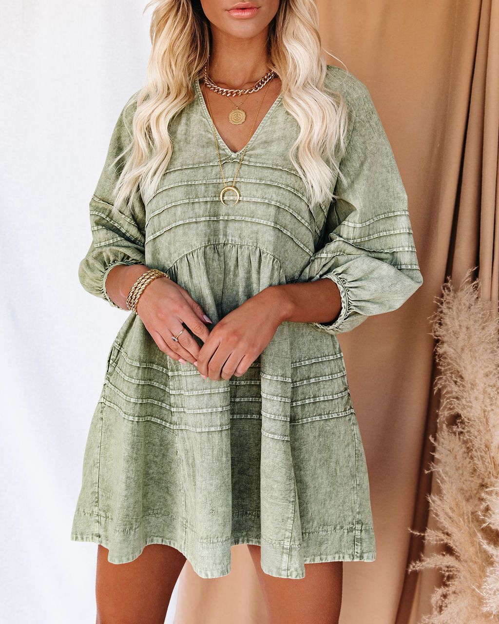 Irvine Cotton Pocketed Denim Babydoll Dress - Washed Olive - SALE sold by Vici product image thumbnail 5