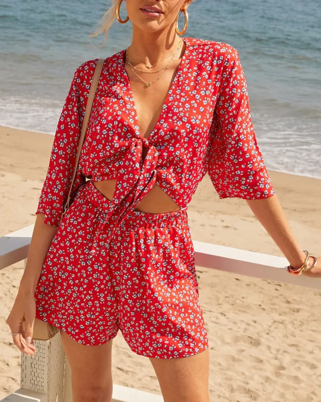 Americana Printed Cutout Tie Front Romper sold by Vici