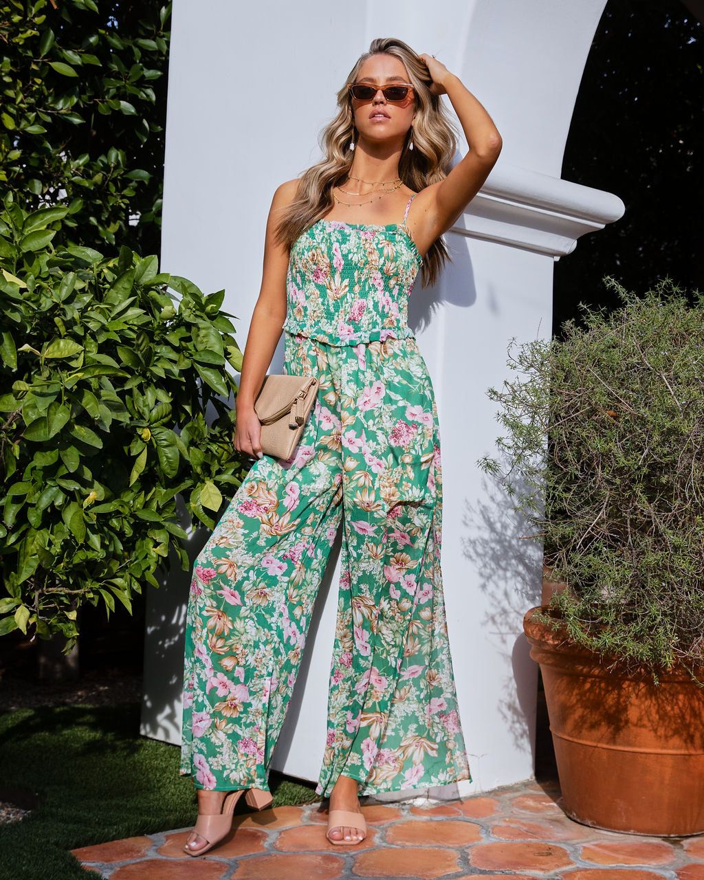 Fiore Floral Smocked Pocketed Slit Jumpsuit - FINAL SALE sold by Vici