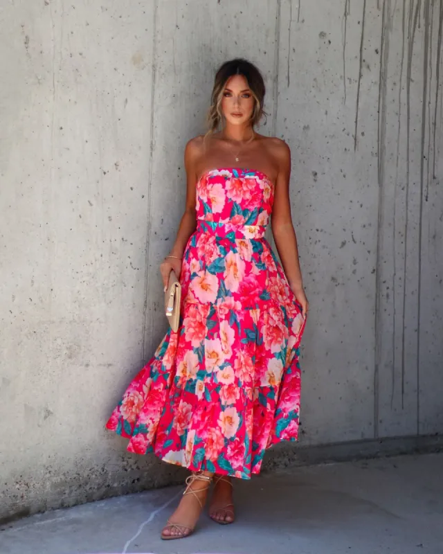 Valeria Floral Strapless Tiered Midi Dress sold by Vici