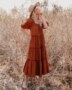 Russet Puff Sleeve Tiered Midi Dress - Rust - FINAL SALE sold by Vici