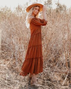Russet Puff Sleeve Tiered Midi Dress - Rust - FINAL SALE sold by Vici