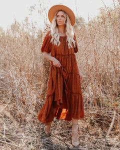 Russet Puff Sleeve Tiered Midi Dress - Rust - FINAL SALE sold by Vici