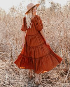 Russet Puff Sleeve Tiered Midi Dress - Rust - FINAL SALE sold by Vici