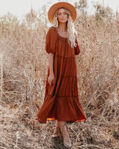 Russet Puff Sleeve Tiered Midi Dress - Rust - FINAL SALE sold by Vici