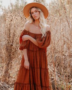 Russet Puff Sleeve Tiered Midi Dress - Rust - FINAL SALE sold by Vici