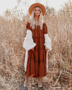 Russet Puff Sleeve Tiered Midi Dress - Rust - FINAL SALE sold by Vici