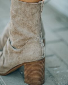 Ximena Faux Suede Heeled Bootie - Taupe - FINAL SALE sold by Vici