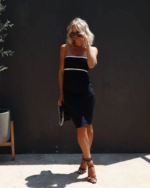 Modern Day Jackie Ribbed Cutout Strapless Midi Dress - Black/White sold by Vici
