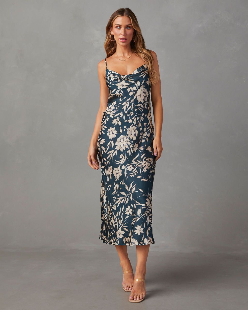 Melie Cowl Neck Satin Slip Midi Dress - Indigo sold by Vici product image thumbnail 6